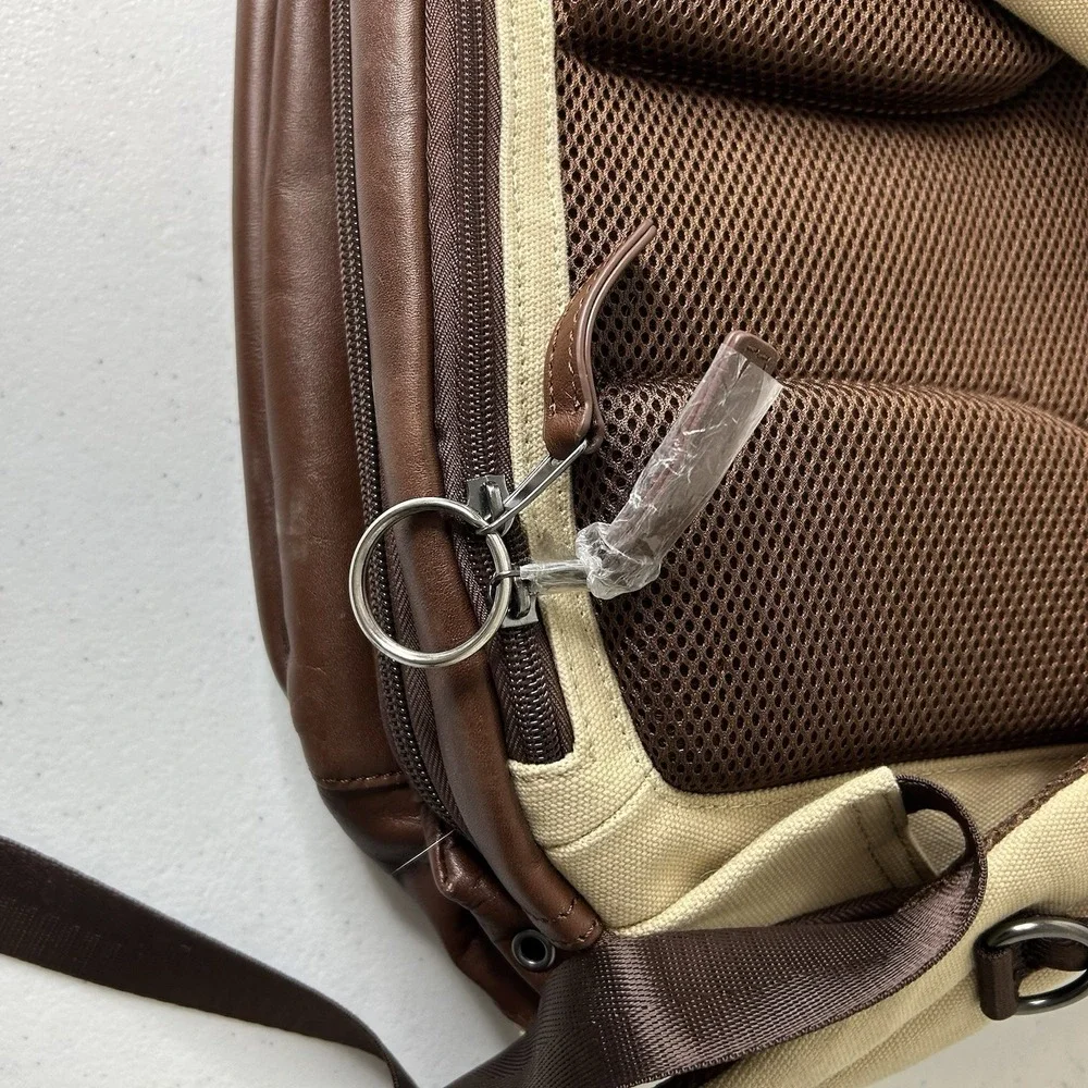 Renwick Backpack Canvas Leather Trim RFID Blocker Laptop Pocket Padded Beige 15